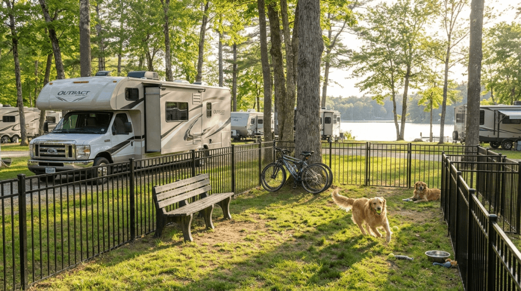 Two golden retrievers at a pet-friendly camping site with a fenced dog park, an RV, and benches surrounded by lush greenery, providing a perfect vacation spot for pet owners near Boston.