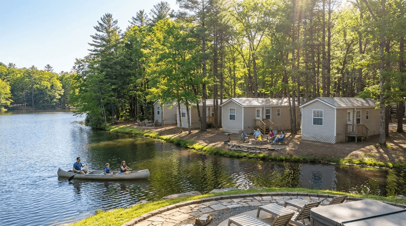 A family canoeing on a lake near cozy cabins, where guests are enjoying the serene environment in a pet-friendly camping area, offering a perfect lakeside getaway near Boston.