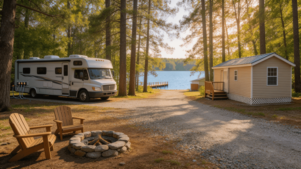 A peaceful scene with an RV and a cabin by a calm lake, featuring a fire pit and Adirondack chairs, offering a perfect camping experience near Worcester, MA with easy access to water activities.