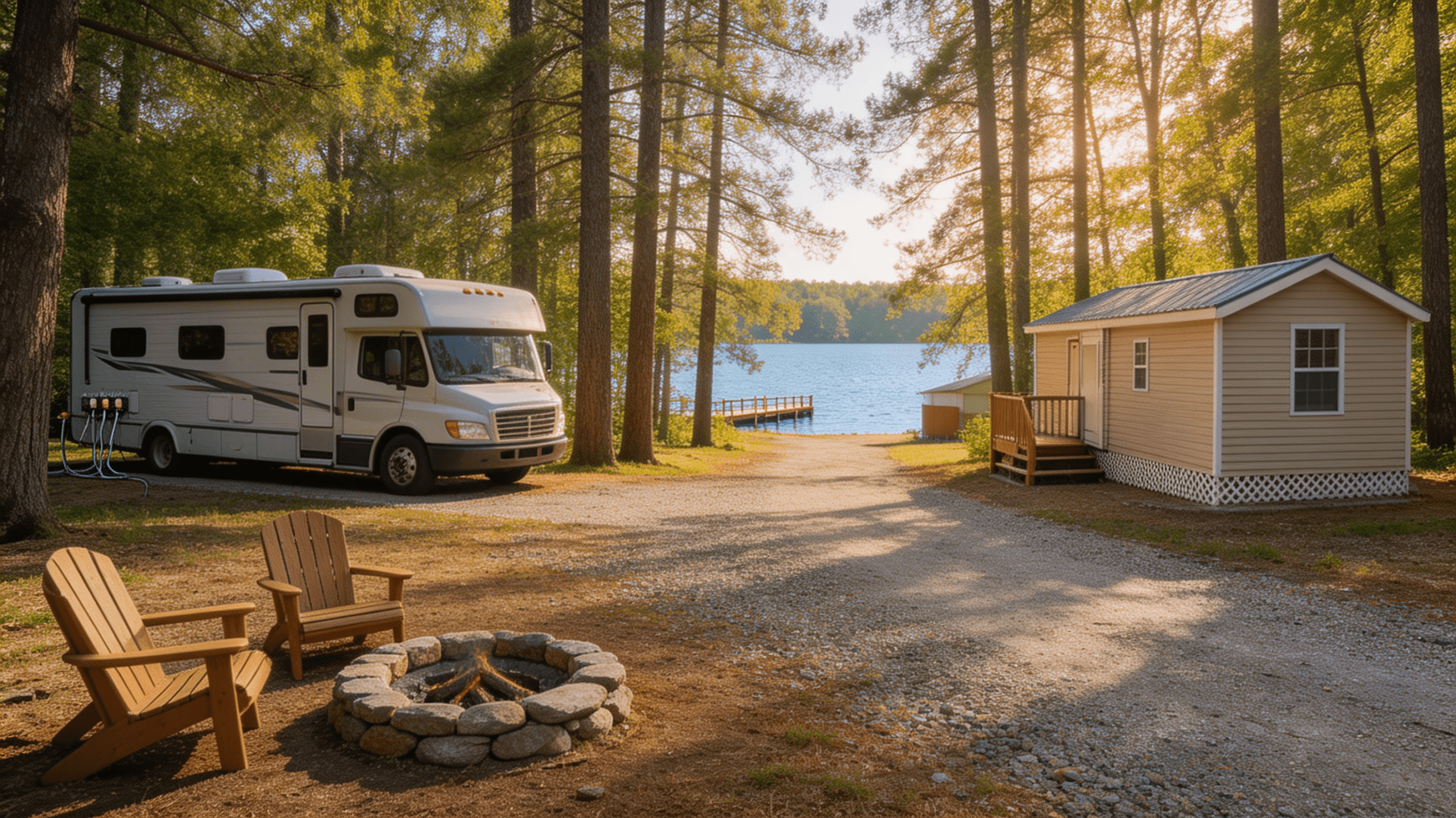 A peaceful scene with an RV and a cabin by a calm lake, featuring a fire pit and Adirondack chairs, offering a perfect camping experience near Worcester, MA with easy access to water activities.