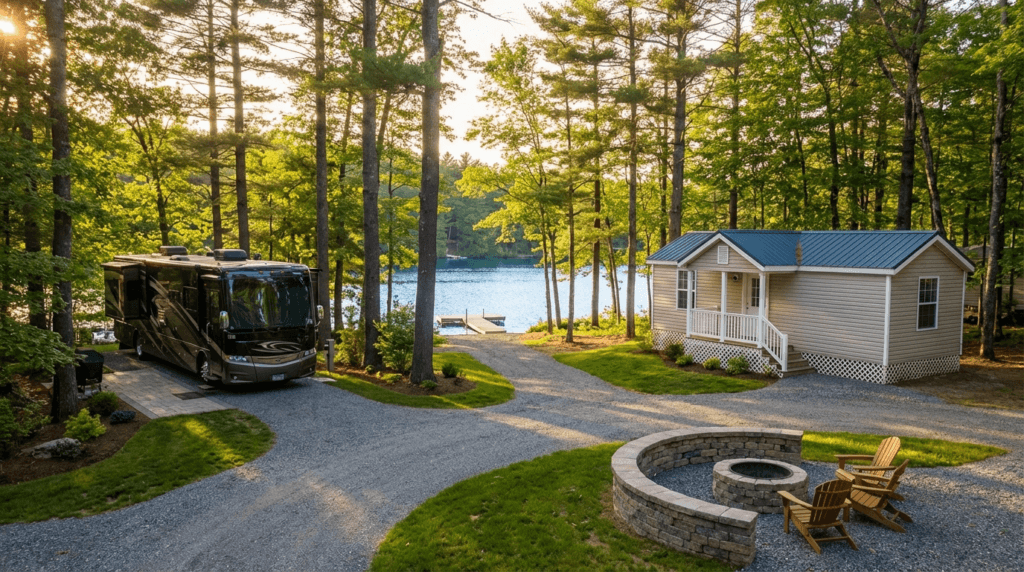 A picturesque view of a cozy cabin and a large RV parked near a serene lake with a fire pit and Adirondack chairs, perfect for a relaxing outdoor getaway near Worcester, MA.