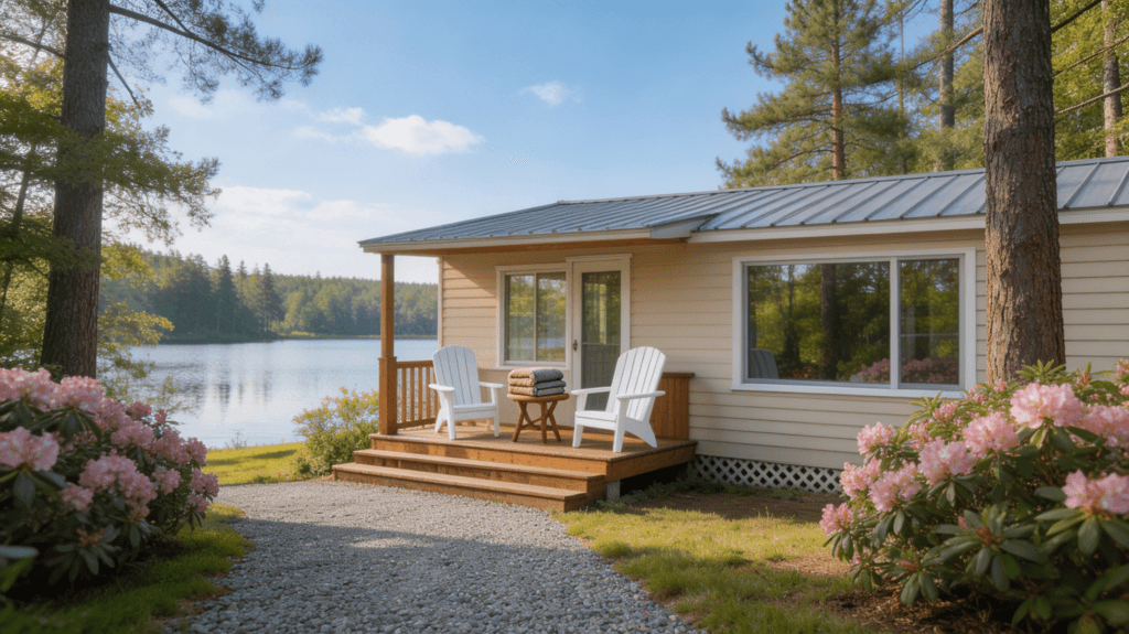 A peaceful cabin stay overlooking a calm lake with two chairs and a table on the deck, surrounded by blooming flowers and trees, providing a relaxing vacation option near Boston.