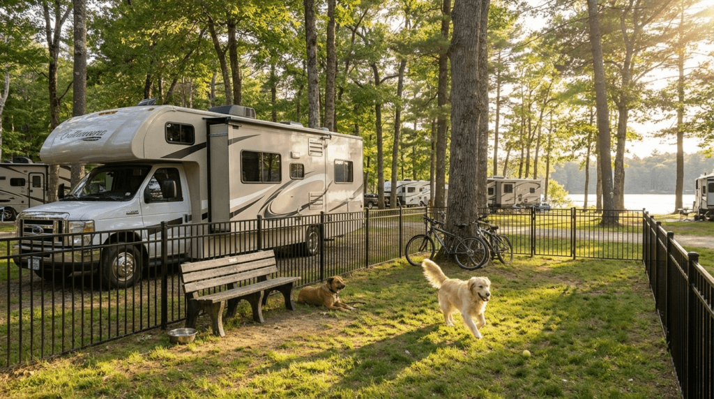 A golden retriever playing fetch while another dog rests in a fenced area next to an RV at a pet-friendly camping site, with a scenic view of a lake and trees, ideal for pet lovers near Boston.