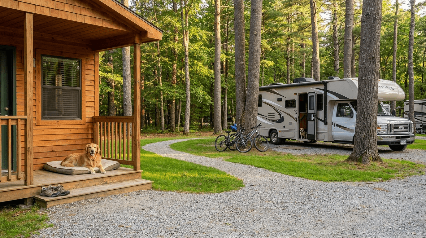 A golden retriever lounging on a bed outside a cabin at a pet-friendly camping site with an RV and bikes nearby, surrounded by trees. Perfect for pet owners looking for a relaxing getaway near Boston.