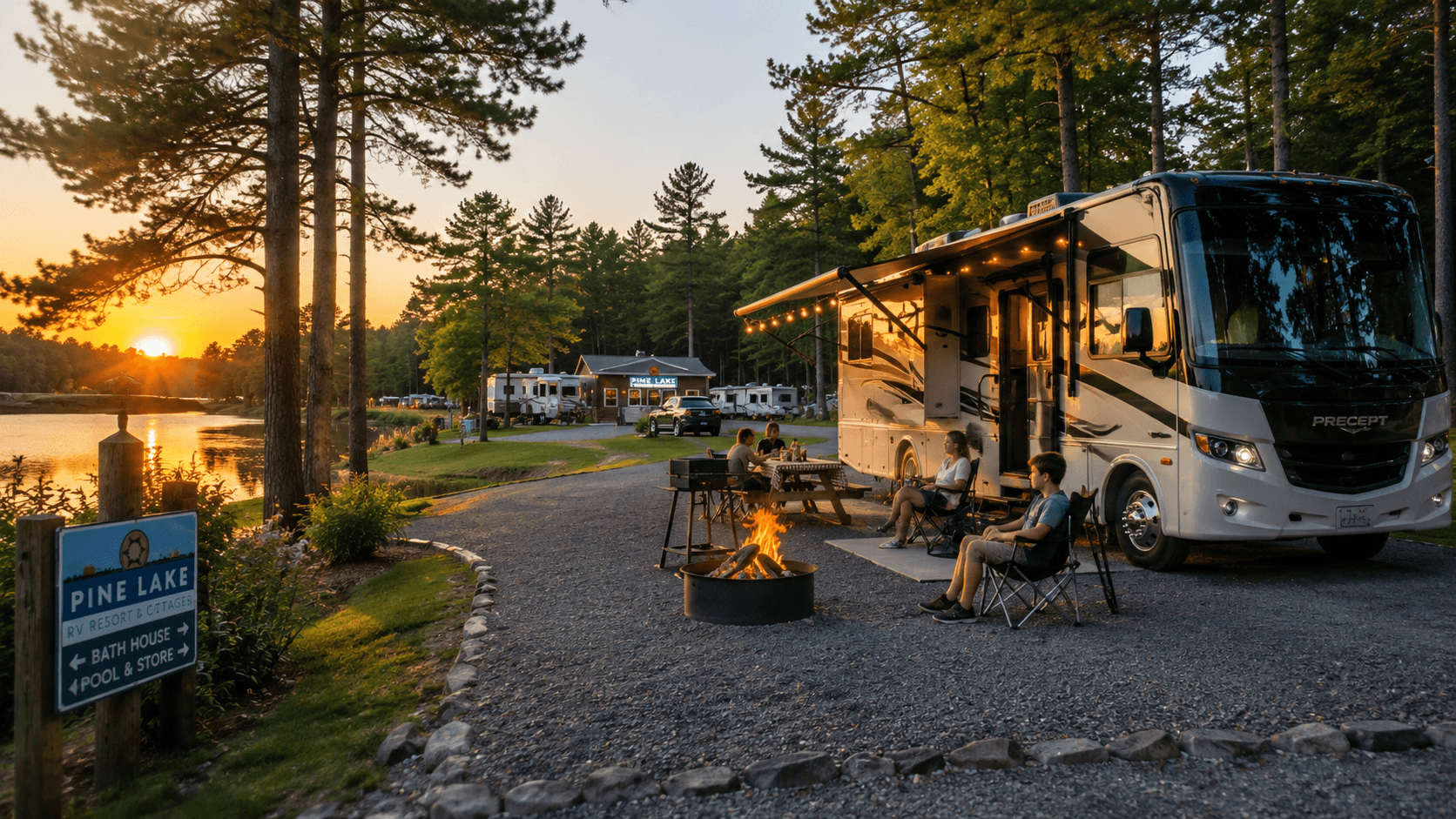 Luxury full-hookup RV camping resort near Boston with lakeside campsites and family-friendly amenities