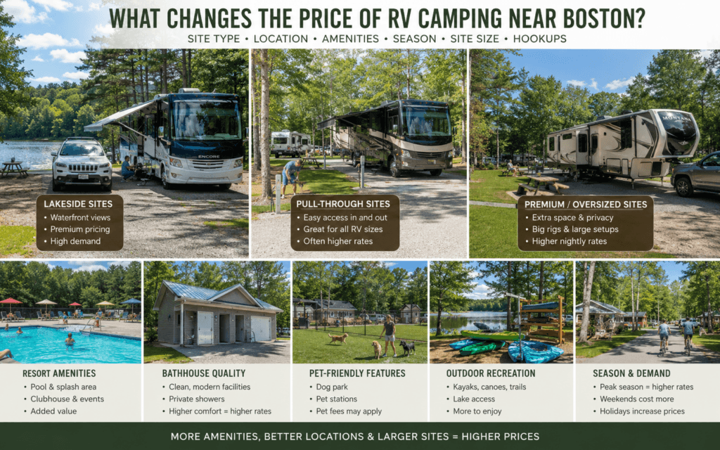 Different RV campsite types and amenities that affect campground pricing near Boston