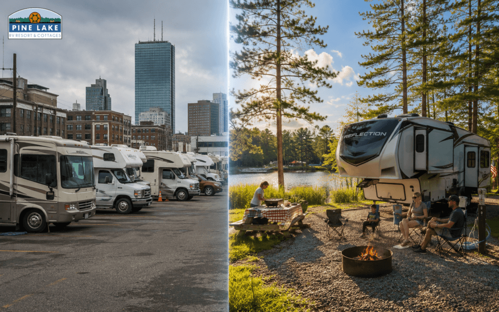 Peaceful resort-style RV camping compared to crowded city RV parking near Boston