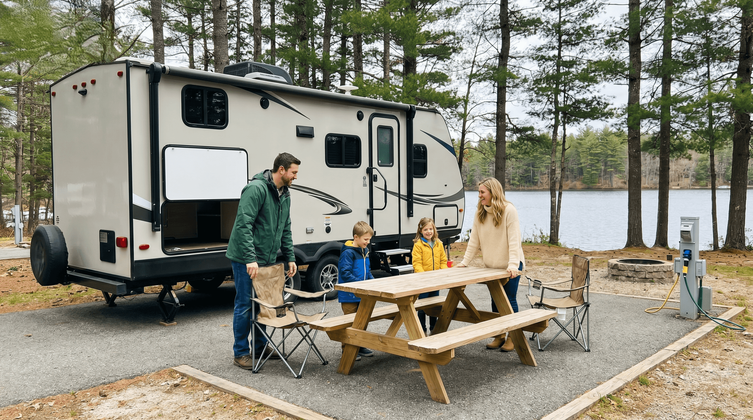 Full-hookup RV campsite near Boston at Pine Lake in Sturbridge with lake and pine trees.